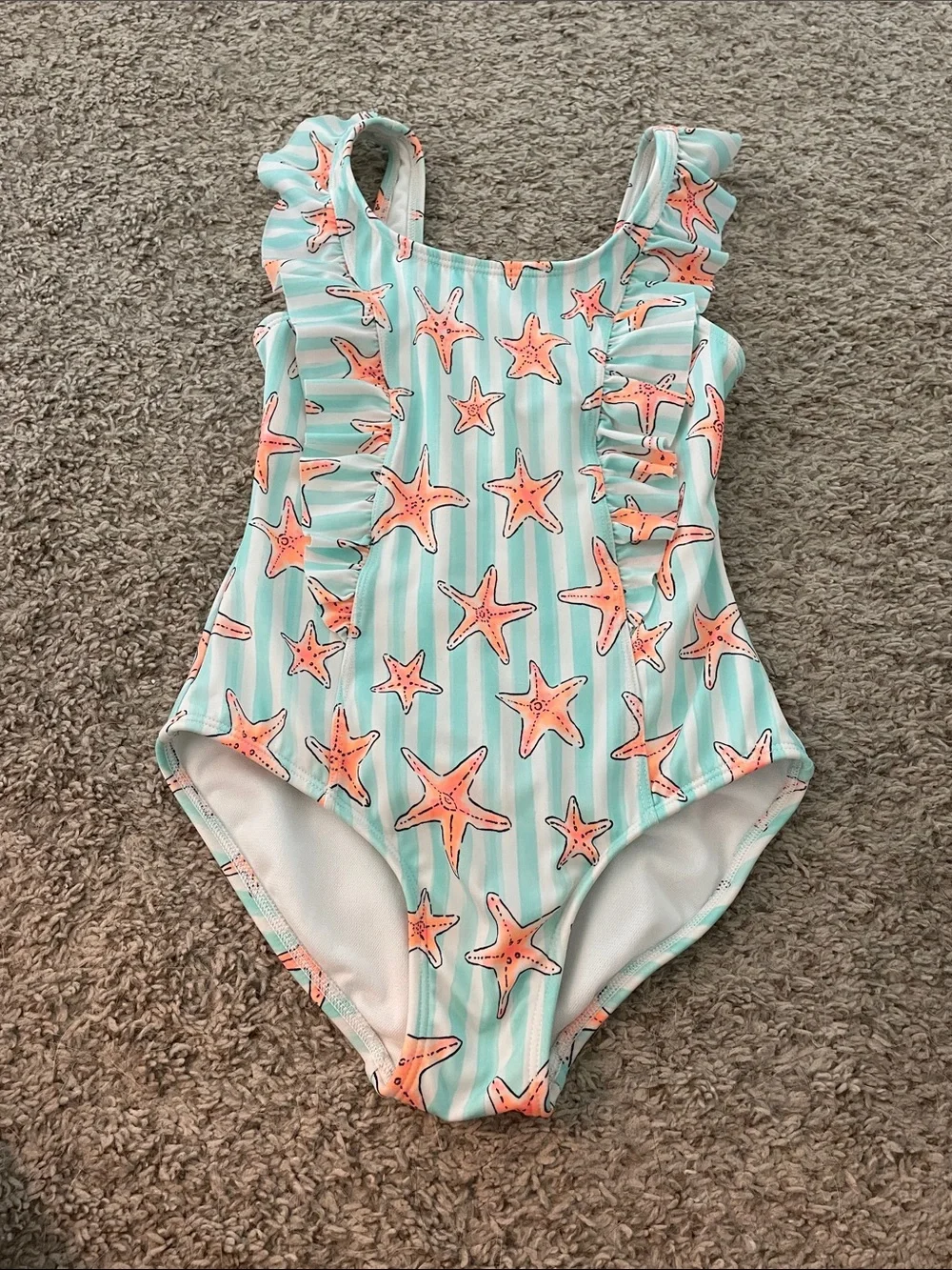 Cat & Jack Aqua Stripe One-Piece Swimsuit with Coral Starfish
